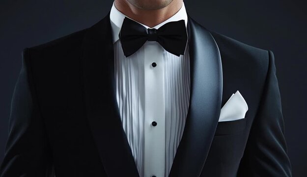Close-up portrait of a man wearing elegant black tuxedo with satin lapels, crisp white pleated dress shirt with black buttons, black bow tie, white pocket square in breast pocket