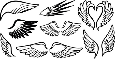 Obraz premium Black outlined collection of various angel wings shapes in vector art style with different feather details and symmetrical designs