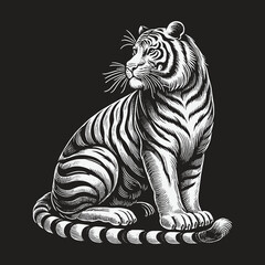 Majestic Tiger Illustration: A Detailed Black and White Wildlife Portrait.