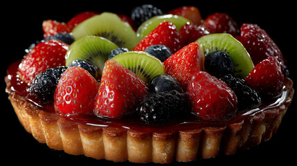Elegant fruit tart styled in dark luxury aesthetics.