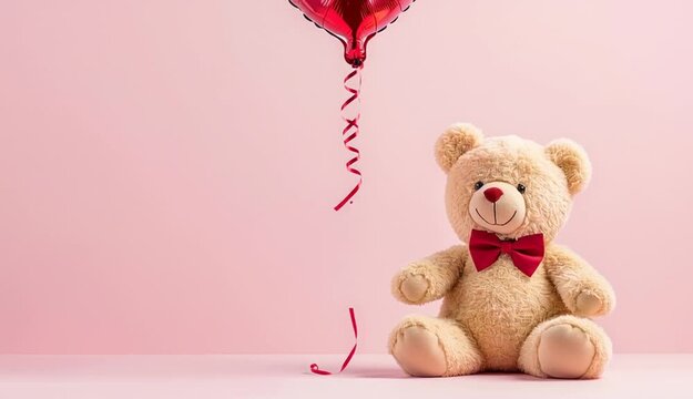 Cute brown teddy bear with red bow tie sitting on pink surface, holding a shiny red metallic heart-shaped balloon with curled ribbon, soft pink gradient background from light to medium pink, Valentine