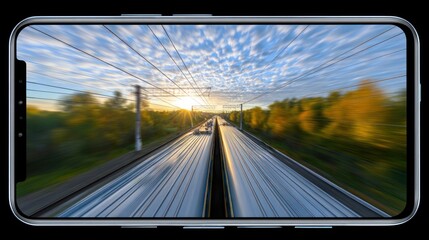 Blurry photo of train tracks at sunset.