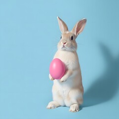 Obraz premium Easter bunny holding pink easter egg on light blue background