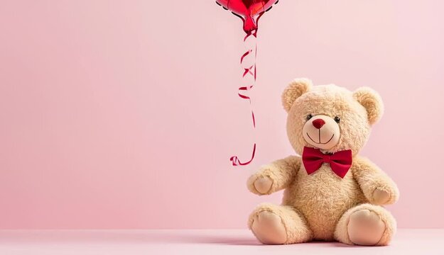 Cute brown teddy bear with red bow tie sitting on pink surface, holding a shiny red metallic heart-shaped balloon with curled ribbon, soft pink gradient background from light to medium pink, Valentine
