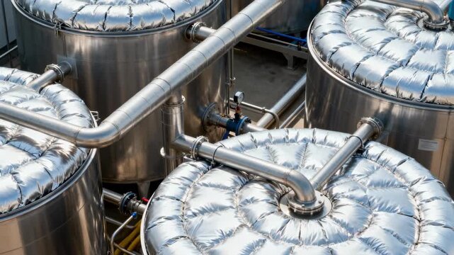 Overhead medium shot capturing insulated tanks and connected pipework in a liquid fat dosing system focusing on accurate fat transfer and process automation.