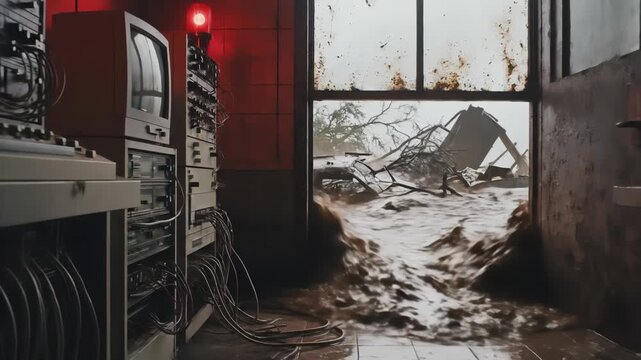 An eerie vintage computer room with old monitors, tape reels, and red emergency lights. Floodwaters surge through a broken doorway, revealing debris outside.