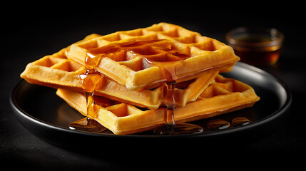 Golden waffles with syrup on black plate, cinematic lighting