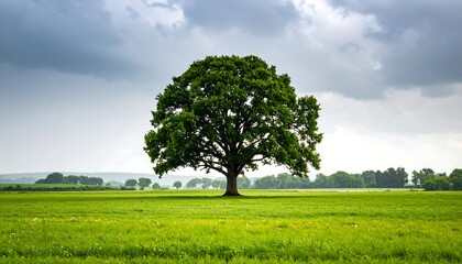 Obraz premium A singular, mature tree with lush green foliage stands prominently in a vast green field beneath a dramatic, cloudy sky