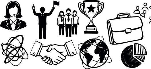 Black silhouette business teamwork icons including handshake, award cup, briefcase, globe with orbit, pie chart and customer support agent