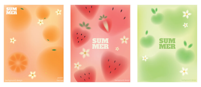 Blur fruits poster. Summer background. Apple orange and strawberry banner. Colorful gradient elements. Watercolor frame or cover design. Blurred vibrant plants. Vector illustration abstract creative s