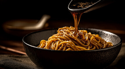 Luxury noodles styled with dark cinematic mood.