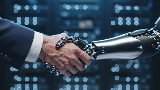 Business human shakes robot hand with digital data display. Human robot handshake shows technology partnership. Business person shakes robot arm. Digital data network during handshake interaction.