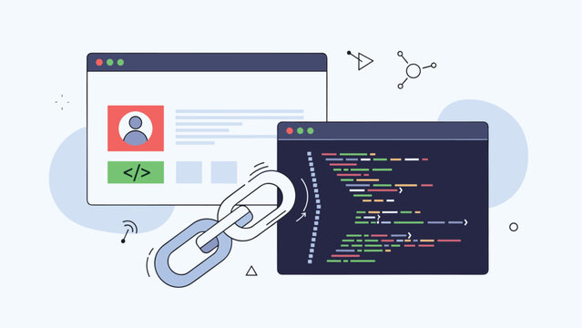 Secure website linking and backlink strategy concept showing two digital interfaces connected by a strong chain.