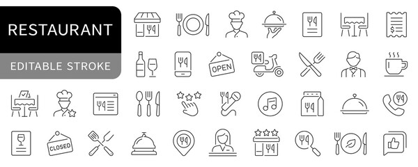 Fototapeta na wymiar Restaurant simple line icons set. Chef, food delivery, menu, waiter editable stroke icon. vector