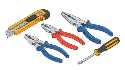 Obraz premium Collection of essential manual hand tools set including three types of pliers, a utility cutter, and a screwdriver.