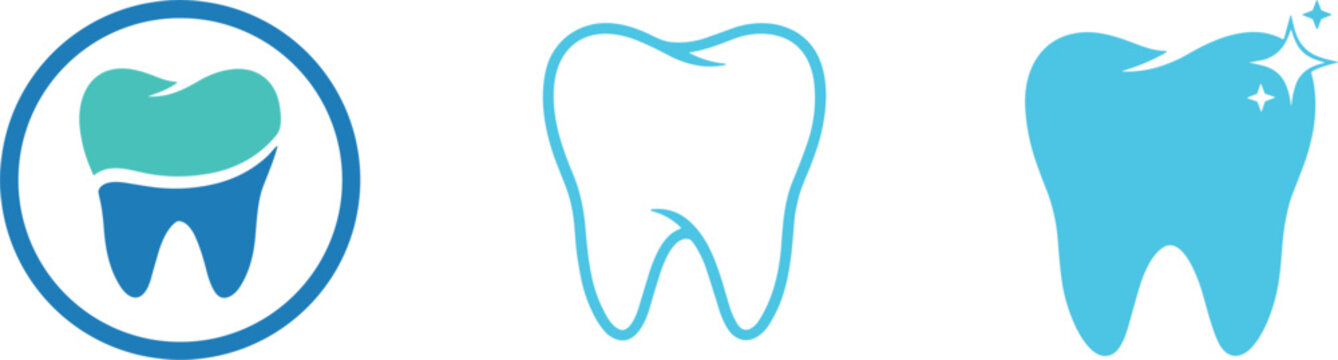 Dental care tooth icons with clean healthy smile symbols modern blue vector illustration for dentistry clinic branding design