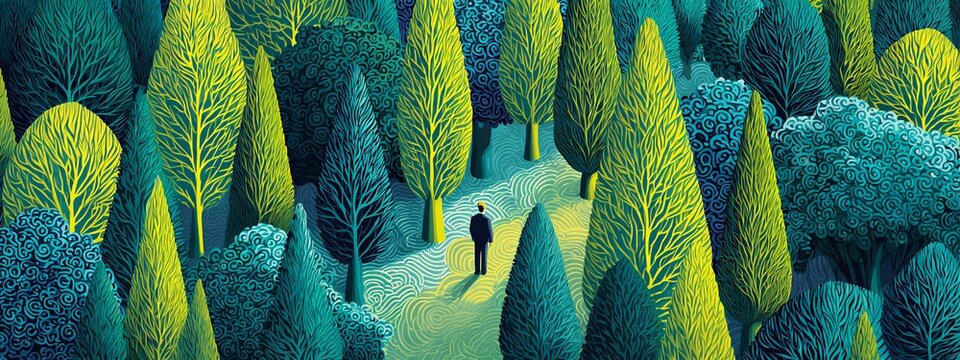 A Solitary Figure in a Vibrant Forest Surrounded by Growing Trees Representing Nature and Decision Making Trends