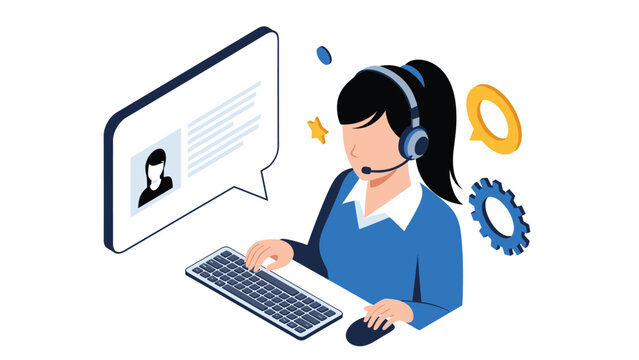 Professional customer service representative wearing a headset and working on a computer to provide online support.