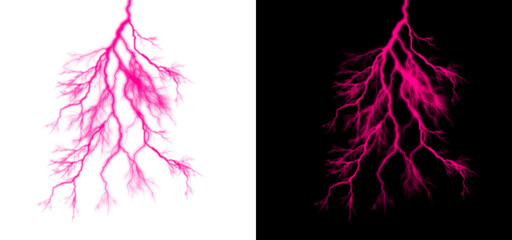 Obraz premium Intense pink lightning bolt strike on transparent and black backgrounds, abstract energy and power effect