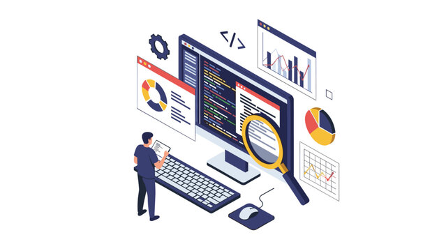 Data analysis and software development concept featuring a computer screen with charts, code, and a magnifying glass.