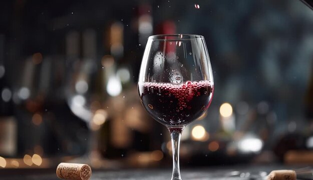 Red wine being poured from bottle into wine glass, dynamic pour shot, rich burgundy red wine stream, elegant wine glass half full with bubbles
