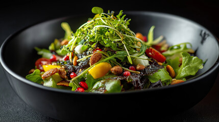 Elegant fresh salad styled in a dark luxury mood.