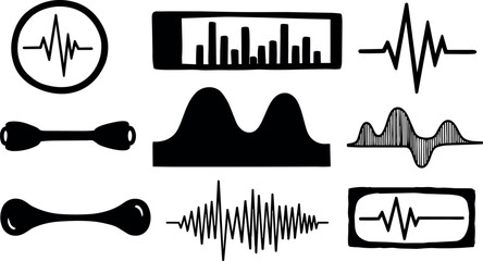 Black and white vector sound wave icons set with varied waveform shapes and rectangular frames in minimalist flat design style