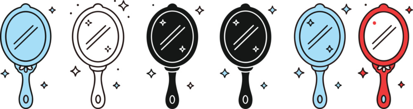 Hand mirror icon set in colorful and black styles with sparkles for beauty salon makeup and grooming designs