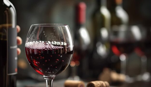 Red wine being poured from bottle into wine glass, dynamic pour shot, rich burgundy red wine stream, elegant wine glass half full with bubbles
