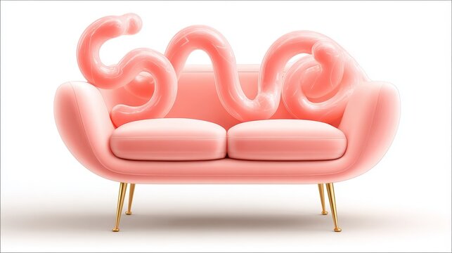 Minimalist pink sofa with abstract snake-like translucent shapes and gold legs, suitable for modern interior, design inspiration, or luxury living promotion