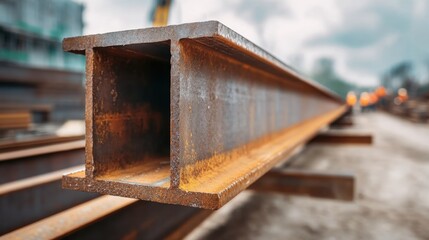 Detailed Close-Up of Steel Beams at Construction Site with Industrial Background and Equipment