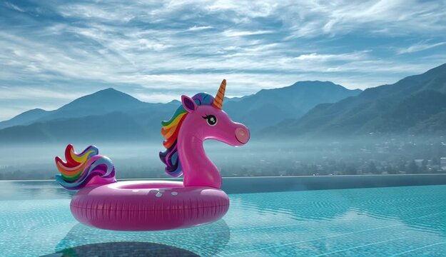 Pink inflatable unicorn pool float in infinity pool overlooking mountain landscape, bright magenta unicorn floatie with rainbow mane and purple horn, crystal clear turquoise water