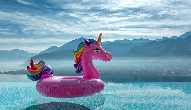 Pink inflatable unicorn pool float in infinity pool overlooking mountain landscape, bright magenta unicorn floatie with rainbow mane and purple horn, crystal clear turquoise water