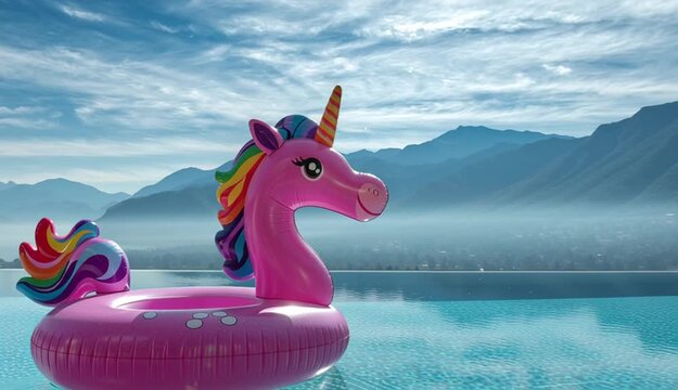 Pink inflatable unicorn pool float in infinity pool overlooking mountain landscape, bright magenta unicorn floatie with rainbow mane and purple horn, crystal clear turquoise water