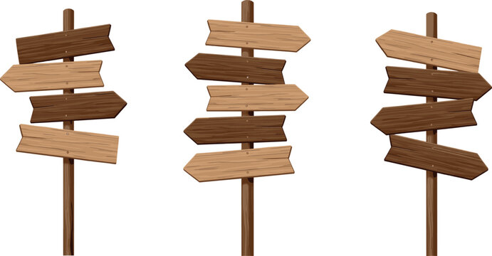 Set of blank rustic wooden directional signs and arrow boards on poles for outdoor garden and trail navigation vector