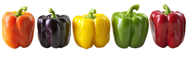 Five Bell Peppers In A Row On Transparent Background, PNG