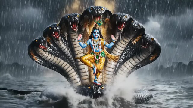 Divine Figure Standing Aboard Multi-Headed Serpent Amidst Dramatic Storm With Lightning Strikes Over Water