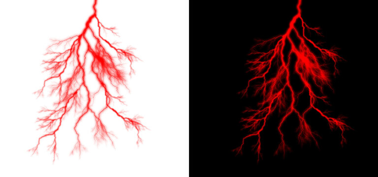 Striking red lightning bolt on transparent background with accompanying alpha channel mask for easy composition and editing