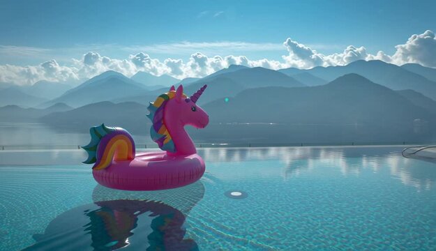 Pink inflatable unicorn pool float in infinity pool overlooking mountain landscape, bright magenta unicorn floatie with rainbow mane and purple horn, crystal clear turquoise water