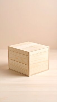 A small, square wooden box sits on a light-colored surface, its lid partially closed. The background is a plain, neutral tone