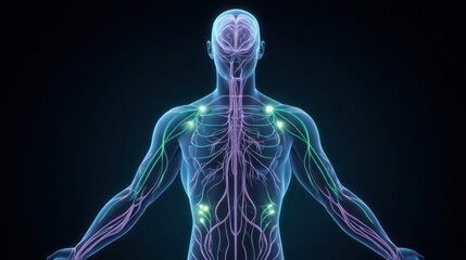 Human Body Illustration with Glowing Blue and Green Energy Highlights in Anatomical Style