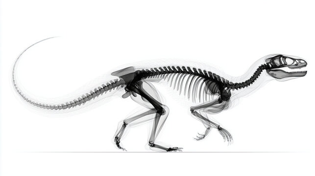 Xray dinosaur skeleton walking dragon animal anatomy side view digital illustration black white transparent bone fantasy