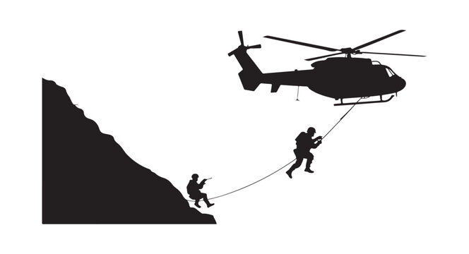 Special Forces Fast Rope Insertion from Military Helicopter Silhouette Vector.