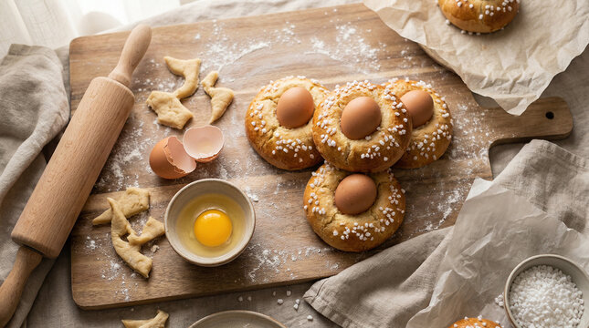 Mini monas de Pascua con huevo en el centro sobre papel de horno e ingredientes alrededor