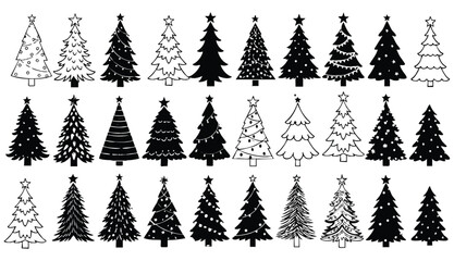 Fototapeta premium A grid of three rows, each containing ten distinct Christmas tree illustrations, arranged symmetrically against a clean, white background. The trees vary in style, from simple, silhouetted outlines to