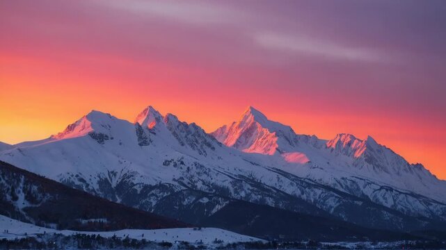 Video Mountain landscape with snow-covered peaks and a beautiful sunset in the background, suitable for use in winter-themed projects or as a scenic backdrop