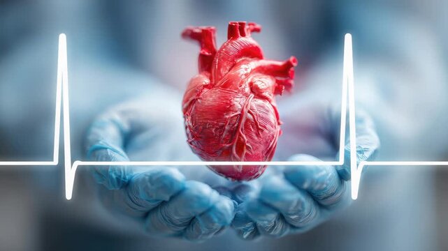 Doctor's gloved hand presenting a vibrant, healthy human heart organ glowing with vitality, symbolizing organ donation, medical care, and life saving transplantation