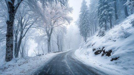 Obraz premium Winter forest road scene evokes seasonal travel, adventure, and tranquility for holiday, tourism, and outdoor lifestyle marketing