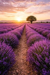 Obraz premium Lavender field with a lone tree at sunrise or sunset.