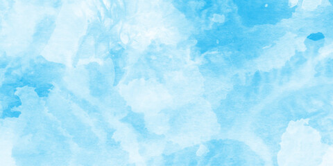 Fototapeta premium Light sky blue white watercolor background, blue watercolor background wallpaper, ethereal cloud like pattern creates peaceful, aquarelle paint paper textured canvas element for text design.